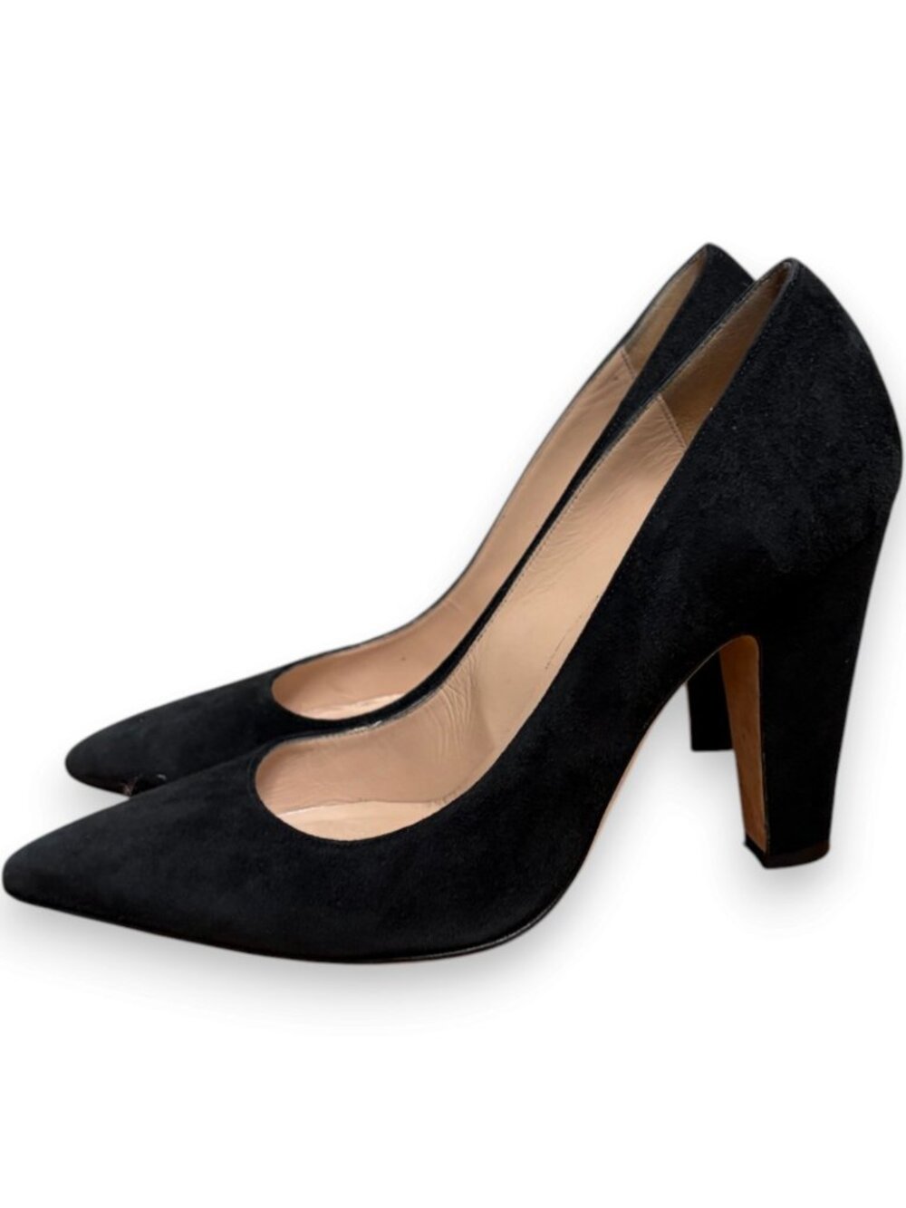 Manolo Blahnik Suede Block Heel Pointed Toe Pump Black Size 38 Leather Italy